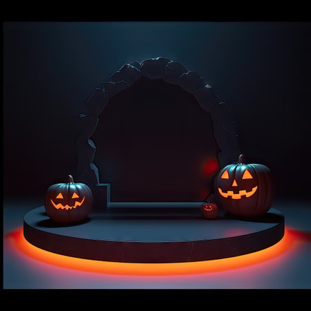 Halloween background with pumpkins and arch, 3d render.の素材