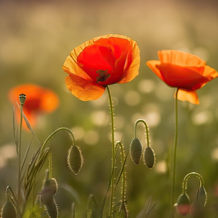 poppies in the meadow at sunset with shallow depth of fieldの素材