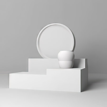 3d render, white podium for product presentation with round mirror and vaseの素材