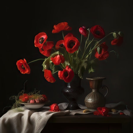 Still life with red poppies in vase on dark backgroundの素材