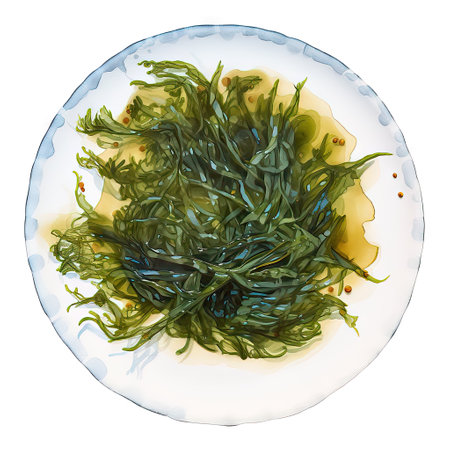 Top view of seaweed salad on plate isolated on white background.の素材