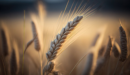 Ears of wheat on the field at sunset, shallow depth of fieldの素材