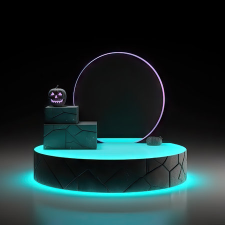 Neon podium for product presentation on black background. 3D renderingの素材