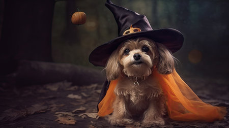 Cute shih tzu dog in witch hat and orange cloak with pumpkin in forestの素材
