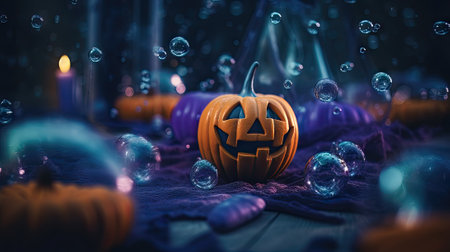Halloween pumpkins and candles on dark background. 3d renderingの素材