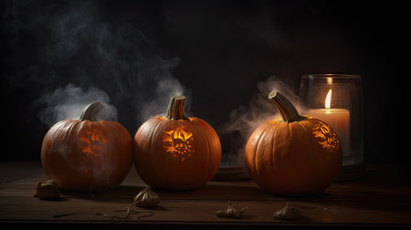 Halloween pumpkins with candles and smoke on wooden table. Selective focusの素材