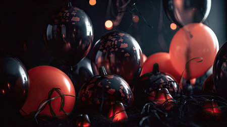 Christmas background with red and black balls and garland. 3d renderingの素材