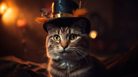 Cute cat in a hat for Halloween on a dark background.の素材