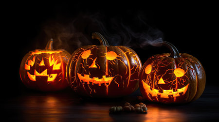 Halloween pumpkins with burning candles on black background. Copy space.の素材