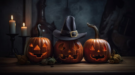 Halloween pumpkins with witch hat on wooden table and dark backgroundの素材
