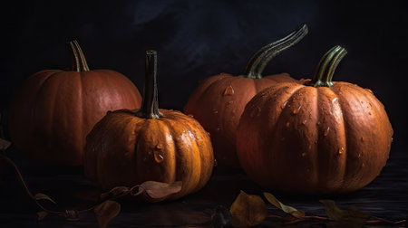 Halloween pumpkins and autumn leaves on a black background with copy spaceの素材