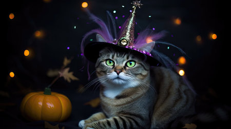 Beautiful cat in a hat of wizard with pumpkins on a dark backgroundの素材