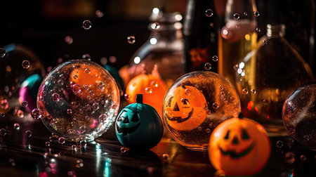 Halloween background with pumpkins and water drops. Halloween holiday concept.の素材