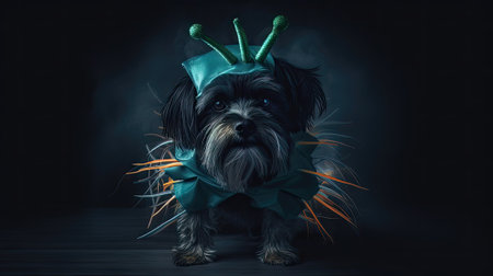 Cute shih tzu dog wearing a crown on a dark backgroundの素材