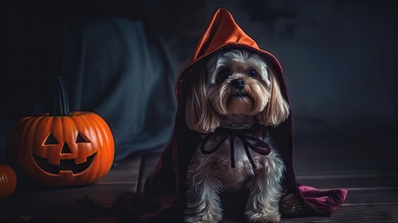 Cute shih tzu dog wearing a witch costume sitting on the floor next to a pumpkin lanternの素材
