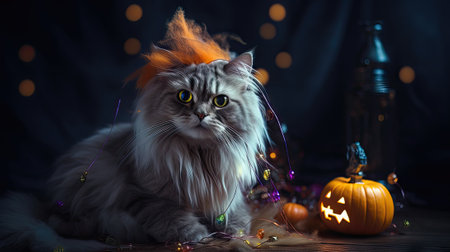 Persian cat with orange hair on a dark background with a garland of lights.の素材