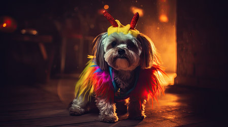 Shih tzu dog wearing unicorn costume sitting in a dark room.の素材