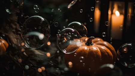 Halloween still life with pumpkins and soap bubbles on dark backgroundの素材