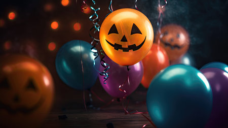 Halloween pumpkins and balloons on wooden background with bokehの素材