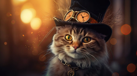 Funny cat in witch hat with magic clock. Halloween concept.の素材