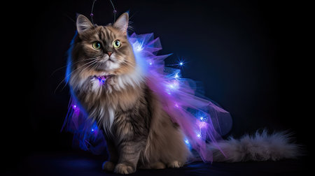 Beautiful maine coon cat with Christmas lights on black backgroundの素材