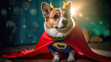 Cute welsh corgi pembroke dog in superhero costumeの素材