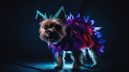 Yorkshire Terrier wearing a carnival costume on a black backgroundの素材