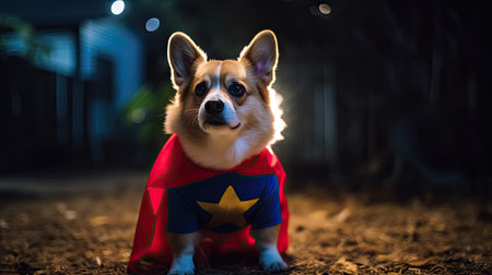 Cute Welsh Corgi Pembroke puppy dressed in superhero costumeの素材