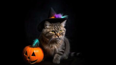 Cute cat wearing witch hat and halloween pumpkin on black backgroundの素材