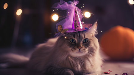 Beautiful siberian cat wearing a party hat. Celebrating Halloween.の素材