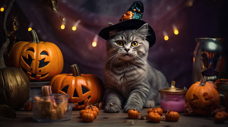 Cute cat in witch hat with pumpkins on wooden table.の素材