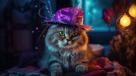 Funny cat wearing a witch's hat. Halloween party concept.の素材
