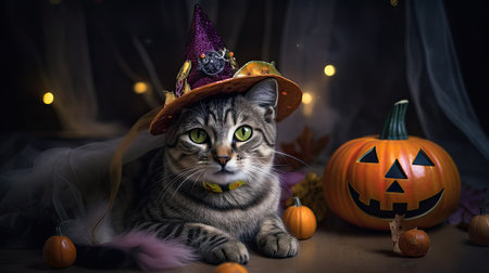 Cute cat in witch hat and Halloween pumpkins on dark backgroundの素材