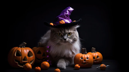 Cute cat in witch hat and Halloween pumpkins on black backgroundの素材