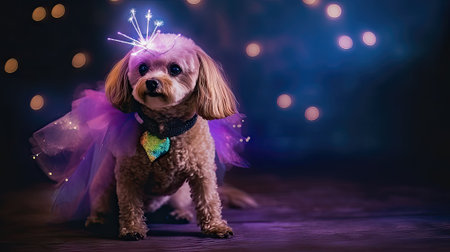 Cute little poodle with christmas lights on a dark backgroundの素材