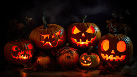 Halloween pumpkins with scary faces on dark background. Selective focusの素材