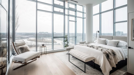interior of modern bedroom with large window overlooking the river. Nobody insideの素材