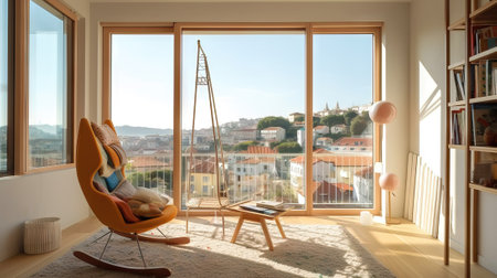 Interior of a living room with a view of the city and the seaの素材