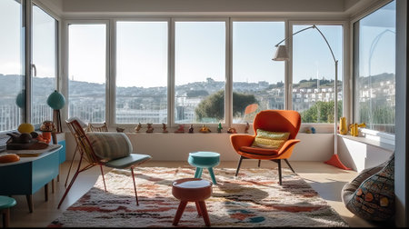 Interior of a living room with orange armchairs and coffee tableの素材