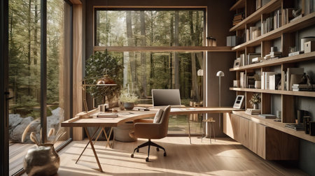 Modern office interior with wooden furniture, panoramic window. 3d renderの素材