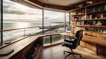 Interior of a modern office with a beautiful view of the seaの素材