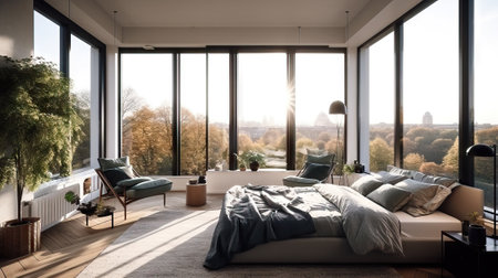 Modern bedroom interior with a panoramic window overlooking the city. 3d renderの素材