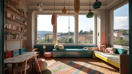 Interior of a childrens room with a window overlooking the countrysideの素材