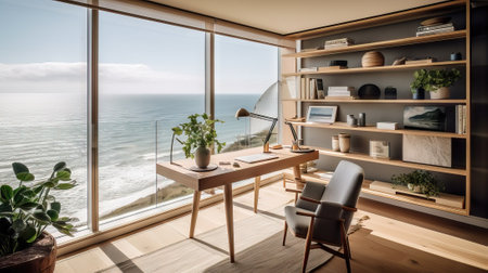 Cozy living room with sea view, bookshelf and coffee tableの素材