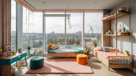 Interior of a modern bedroom with a panoramic window overlooking the cityの素材