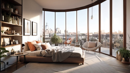 modern bedroom interior design with big window and city view 3d renderingの素材