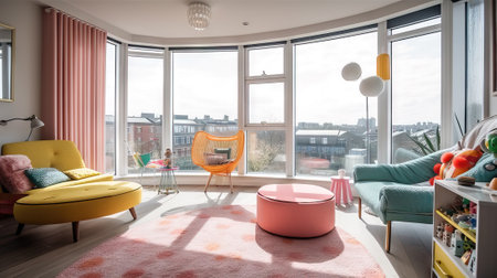 Interior of a children's room with a big window overlooking the cityの素材