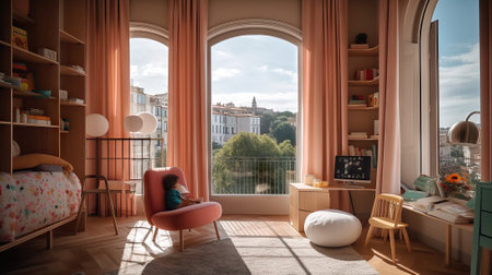 Young woman reading a book in a room with a beautiful view of the cityの素材