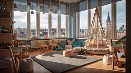 Children's room with a large window overlooking the city. 3d renderの素材