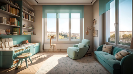 Interior of modern living room with green sofa and blue armchairの素材